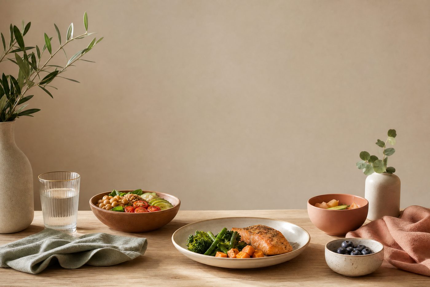 Portada del plan: salmón con brócoli, bowl de garbanzos, ensalada y arándanos — comida real de PlanSí.